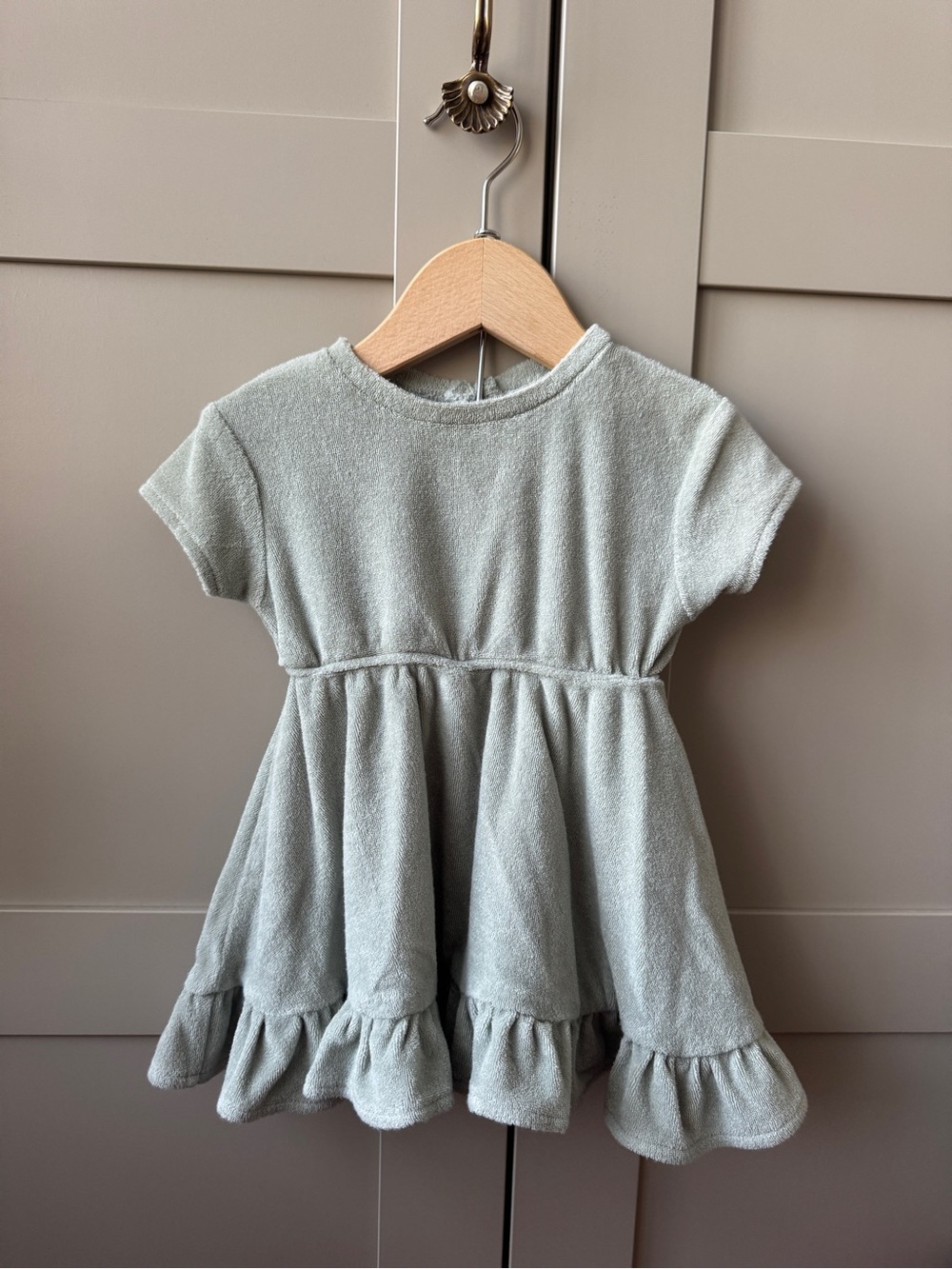 Quincy Mae Baby Girl’s Light Sage Green Terry Dress with Bloomers